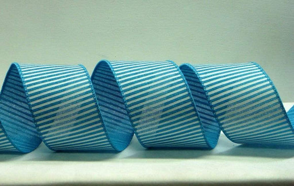 PerpetualRibbons Stripes 2.5 inch Turquoise & White Horizontal Striped Wired Canvas Ribbon - 10 Yards