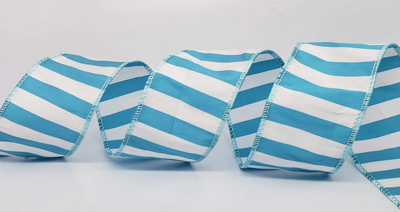 PerpetualRibbons Stripes 2.5 inch Turquoise & White Striped Dupioni Ribbon - 10 Yards 10 Yards Wired Dupioni Ribbon | Perpetual Ribbons