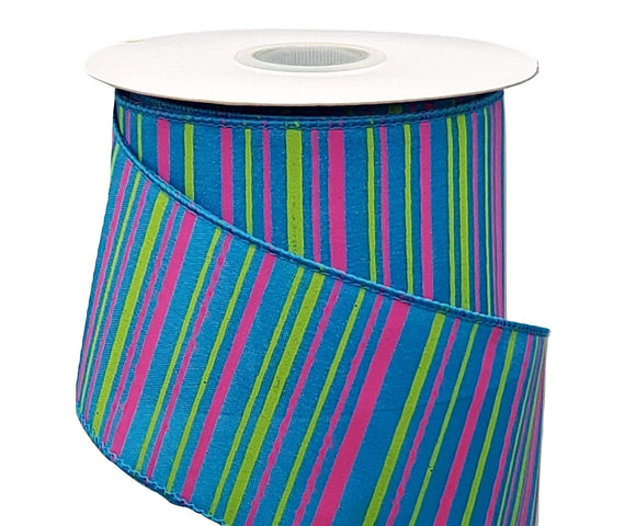 PerpetualRibbons Stripes 2.5 inch Wired Summer Ribbon - Bright Turquoise Satin Ribbon with Hot Pink & Lime Green Stripes - 5 Yards