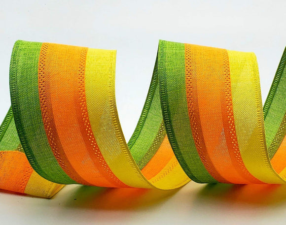 PerpetualRibbons Stripes 2.5 inch Yellow, Bright Orange & Lime Green Tri Stripe Canvas Ribbon - 10 Yards