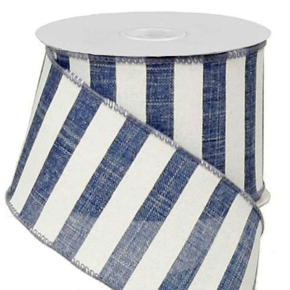 PerpetualRibbons Stripes Wired Striped Ribbon - 2.5 inch Blue Denim & White Striped Canvas Type Ribbon - 10 Yards