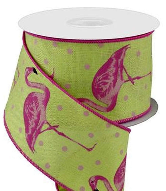 PerpetualRibbons Summer 2.5 inch Bright Green Canvas Type Ribbon w/Pink Flamingos - 10 Yards