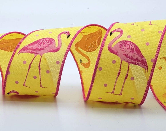 PerpetualRibbons Summer 2.5 inch Bright Yellow Canvas Ribbon with Pink Flamingos & Pink Dots - 10 Yards