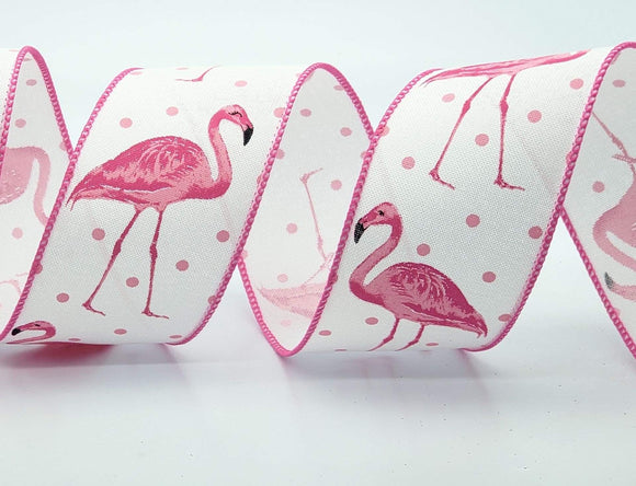 PerpetualRibbons Summer 2.5 inch White Canvas Ribbon with Pink Flamingos & Pink Mini Dots - 10 yards