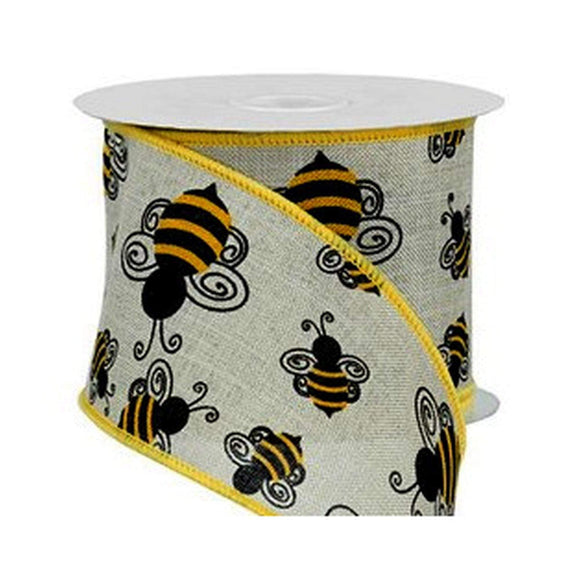 PerpetualRibbons Summer 2.5 inch Wired Natural Ribbon Featuring Scattered Bumble Bees - 10 Yards