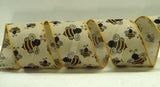 PerpetualRibbons Summer 2.5 inch Wired Natural Ribbon Featuring Scattered Bumble Bees - 10 Yards