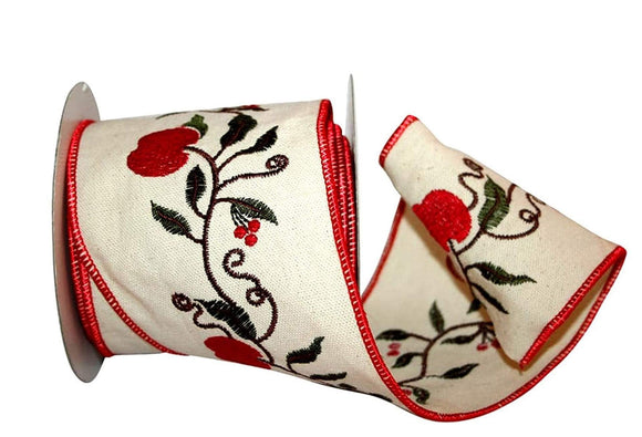 PerpetualRibbons Summer 4 inch Cream Canvas Ribbon with Embroidered Red Apples - 5 Yards