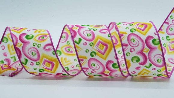PerpetualRibbons Unique Ribbon 10 Yards 2.5 inch White Satin Ribbon with a Pink, Yellow & Green Abstract Pattern