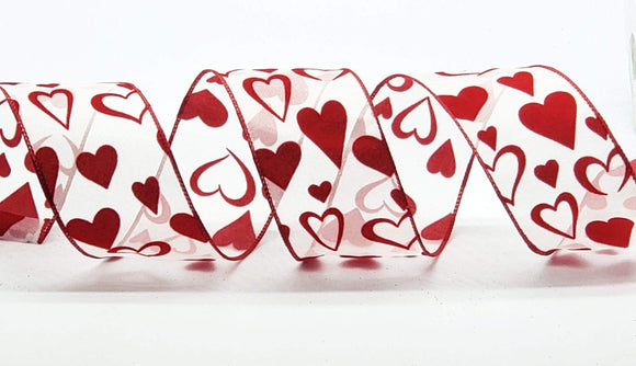 PerpetualRibbons Valentine's Day 2.5 inch Sheer White Satin with Red Velvet Hearts - 10 Yards