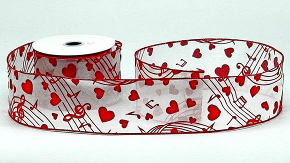 2.5 x 10 yds White Sheer Ribbon with Red Velvet Hearts & Music Notes,  Wired Valentines Day Ribbon