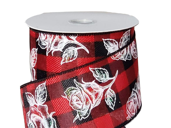 PerpetualRibbons Valentine's Day Wired Check Ribbon - 2.5 inch Red & Black Buffalo Check Ribbon with Iridescent White Roses - 10 Yards