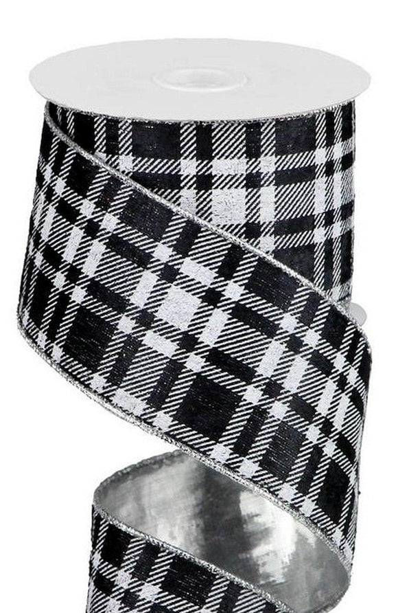PerpetualRibbons Velvet 2.5 inch Black & White Plaid Christmas Ribbon with Silver Lame Back - Luxe Christmas Ribbon - 10 Yards