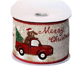 PR - Hold Christmas Winter Ribbon 2.5" Light Natural Canvas Christmas Ribbon - Happy Puppy & Christmas Tree in Red Farm Truck Yelling Merry Christmas - 10 Yards