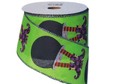 PR - Hold Halloween 10 Yards 2.5" Lime Green Satin Ribbon with Black Cauldron Witch Butt & Legs - Wired Halloween Ribbon