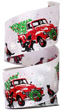 Reliant Christmas Winter Ribbon 2.5" Snowy Red Vintage Truck Carrying a Christmas Tree on White Satin Ribbon - Wired Christmas Ribbon - 10 Yards
