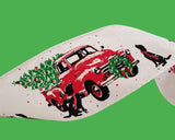 Reliant Christmas Winter Ribbon 2.5" Snowy Red Vintage Truck Carrying a Christmas Tree on White Satin Ribbon - Wired Christmas Ribbon - 10 Yards