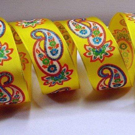 Reliant Paisley 1.5 inch Yellow Satin Ribbon with White Paisley Print - 10 Yards