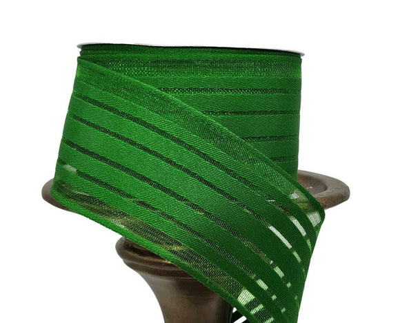 S&C Ribbons Christmas Solids 1.5 inch Sheer Green Ribbon with Solid Satin Stripes - 5 Yards