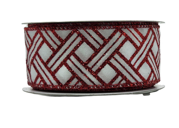 S&C Ribbons Christmas Stripes 1.5 inch Red Glitter Basket Weave Pattern on White Satin Ribbon - 5 Yards