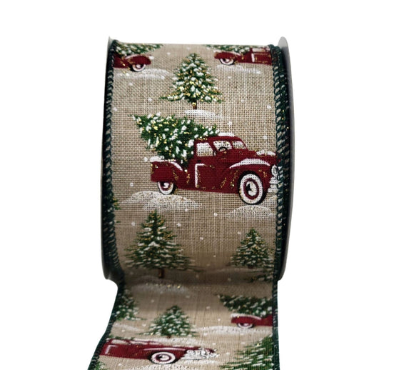 S&C Ribbons Christmas Winter Ribbon 2.5 inch Vintage Red Farm Trucks Carrying Snowy Christmas Trees on Natural Canvas Ribbon - 5 Yards