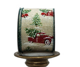 S&C Ribbons Christmas Winter Ribbon 2.5 inch Vintage Red Farm Trucks Carrying Snowy Christmas Trees on Natural Canvas Ribbon - 5 Yards